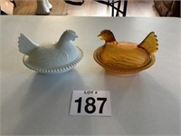 One Amber and One Milk Glass Hen on Nest