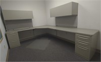 Cubicle office desk 113.25"d 89.25"w 
Shelves