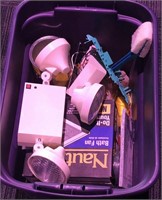 Tote of assorted items including emergency
