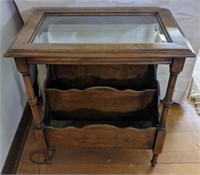 (G) Wooden end table with magazine rack and glass