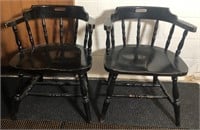 (B) Lot of 2 black wooden arm chairs bidding one