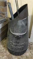 Charcoal bucket, wood rack, and fireplace tools