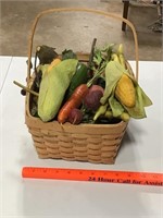 basket with faux fruit and vegetables