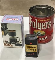 Vintage coffee cans and newer 1 cup maker