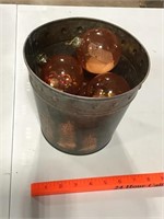 Metal tree design bucket and glass ornament balls