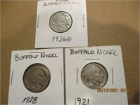 3 Buffalo Nickels 1921,1928,1936D