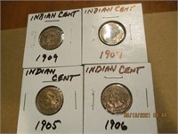 4 Indian Head Pennies 1905,06,07,09