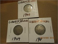 3 Liberty Nickels 1900,1907,1911