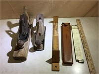 Wood planes, shoe sizer, slide rule