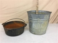 Cast iron pan and galvanized bucket
