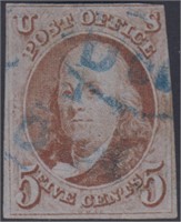 US Stamps #1 Used with blue CDS cancel, sm CV $350
