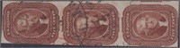 US Stamps #12 Used Strip of 3, red and bl CV $3750