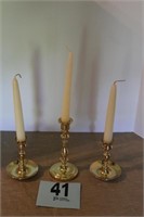3 Brass Candlesticks And Candles