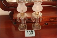 2 Glass Dresser Lamps With Prisms, Frosted Glass