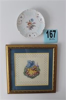Hand Painted Plate, Framed Cross-Stitch, 15” X