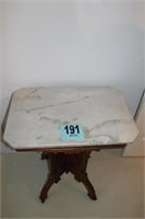 Walnut Marble Top Lamp Table With Ornately Carved