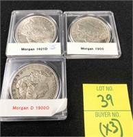 1921-D, 1900, 1900-O Morgan Silver Dollars