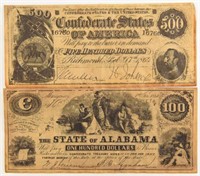 Two Facsimile Confederate Notes: $100 & $500