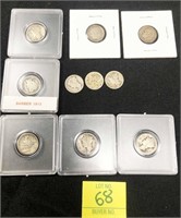 Lot of (10) Assorted Silver Dimes, (7) Mercury,