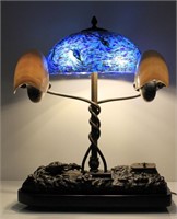 ANTIQUE BRONZE LAMP NAUTILUS WITH BLUE SHADE