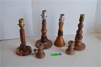 Four Vintage Hand Turned Lamps & Pair of Candle