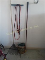 Leaf rake, jumper cables, hose, squeegee handle
