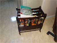 Rolling magazine rack w/drawer & contents