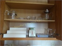 Spice rack, coffee pots, glass pitcher, scales,