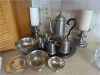 Pewter ware: 1 is Stieff,  coffee pot, candle