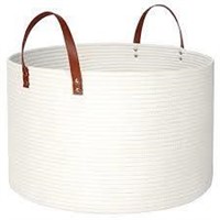 Round Woven Cotton Rope Basket with Leather