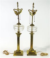 Pair Brass Column Lamps
