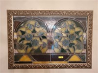 ANTIQUE HAND PAINTED STAINED GLASS PANEL FRAMED