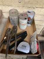 Misc antique beer cans, jar, tools