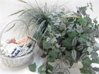 Faux Plants & Basket Of New Hand Made Pot Holders