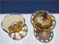 Two Amber Glass Candy Dishes 6"