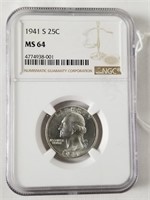 NGC Graded 1941-S MS64 Washington Silver Quarter