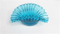 Vintage Aqua Art Glass Ruffle Bowl