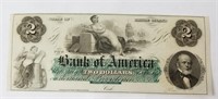Vintage Crisp 1860 Bank Of America $2 Note