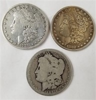 1879-O, 1882 & 1889-O Morgan Silver Dollars