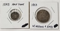 1853 Seated Quarter & 1843 Half Dime (90% Silver)