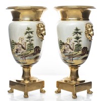 Neoclassical Style Parcel Gilt Porcelain Urns, Pr