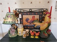 Rooster Tray, Lamp, Candles, etc.