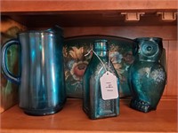 Blue Glass Owl Pitcher, Tonic Bottle, Tray, etc.