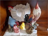 Rooster Egg Plate and Rooster Figures