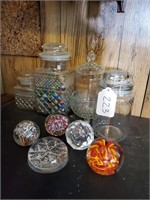 Glass Canisters, Marbles, Paper Weights