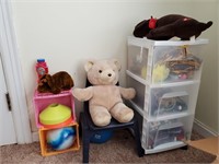 Child’s Chair, Toys and 3-Drawer Cart