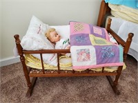 Wood Cradle, Doll, Blankets & Pillows