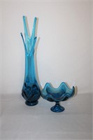 Glass vase 19.5" H, pedestal dish 7.5" X 5"