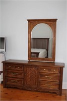 Oak six drawer center door dresser with mirror