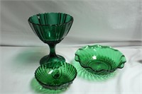 Green Glass, vase 6", bowls 6"and  4.5"